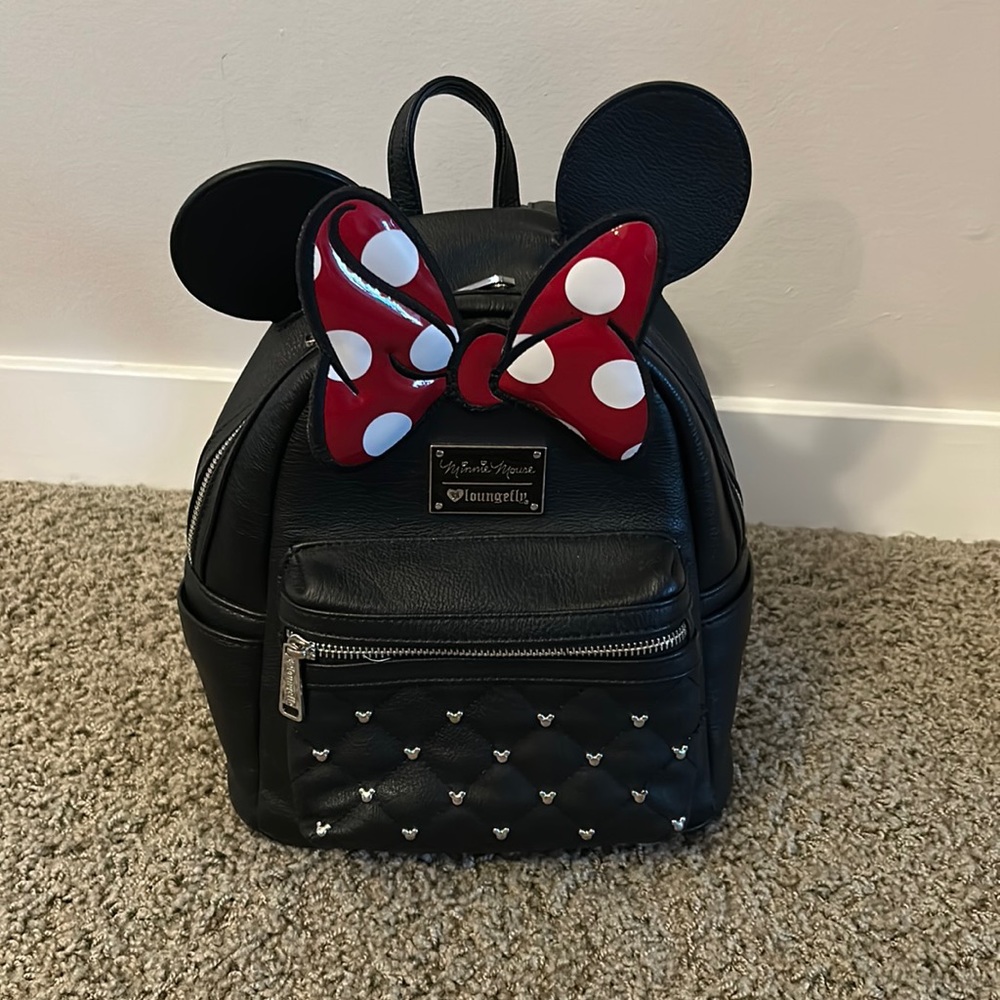 loungefly minnie mouse small black leather backpack